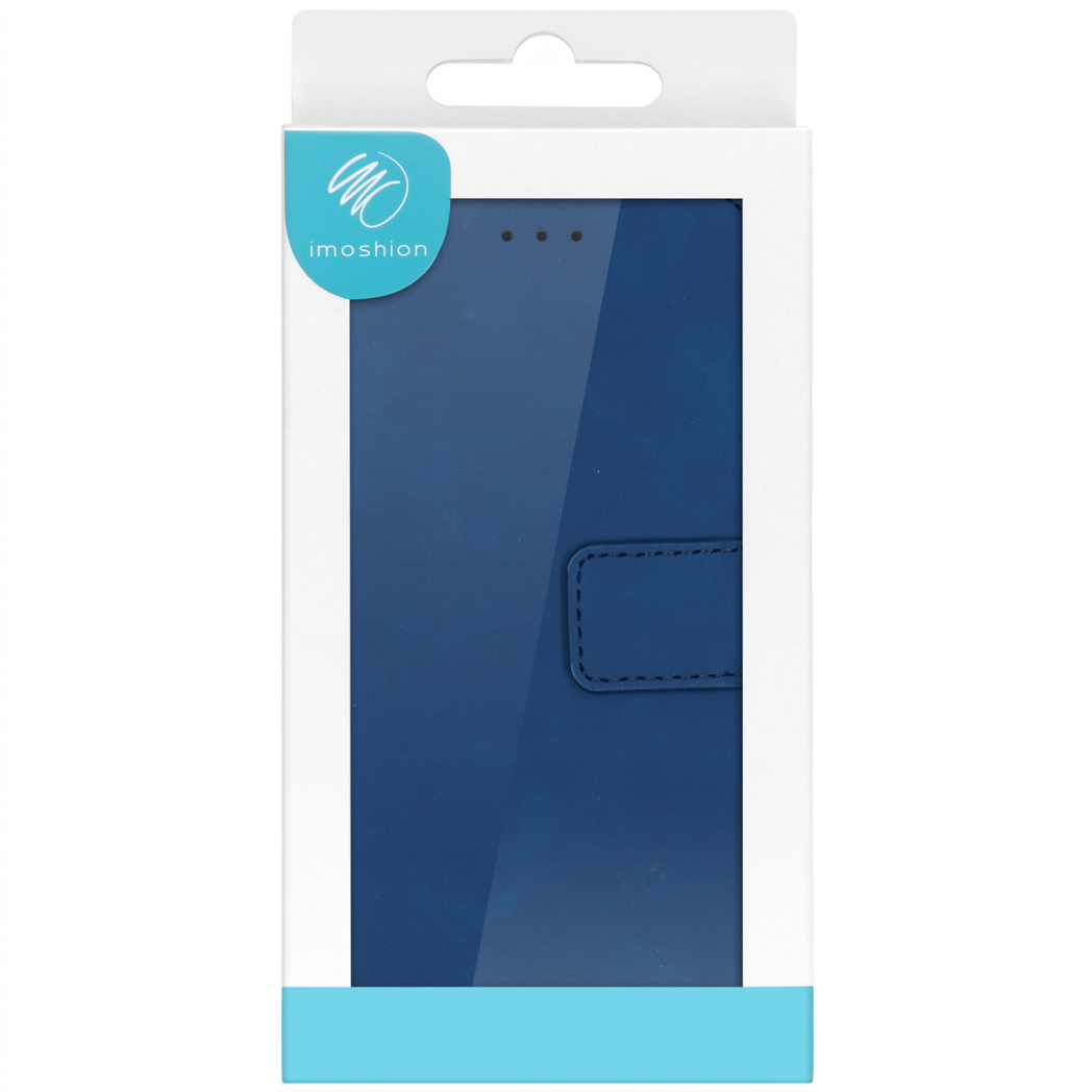 Un étui de téléphone bleu dans une boîte blanche avec la marque 'imoshiion'.