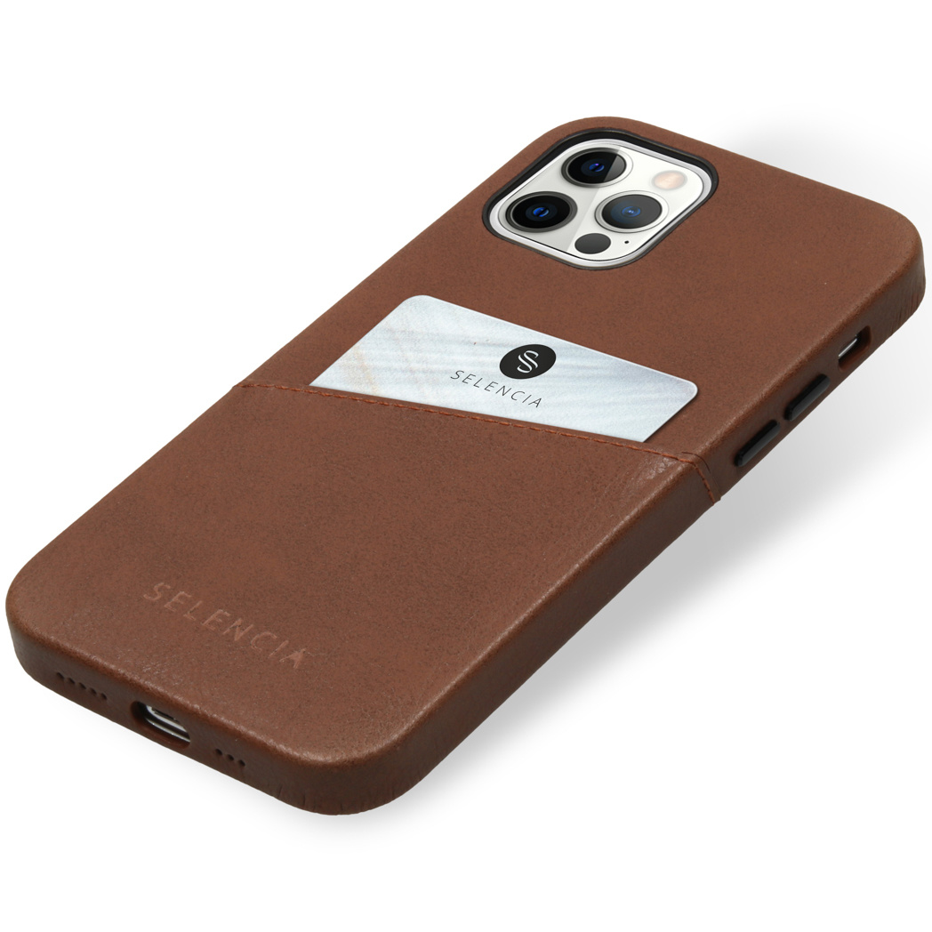 Étui de téléphone en cuir marron avec carte dans la poche. Marque Selencia visible.