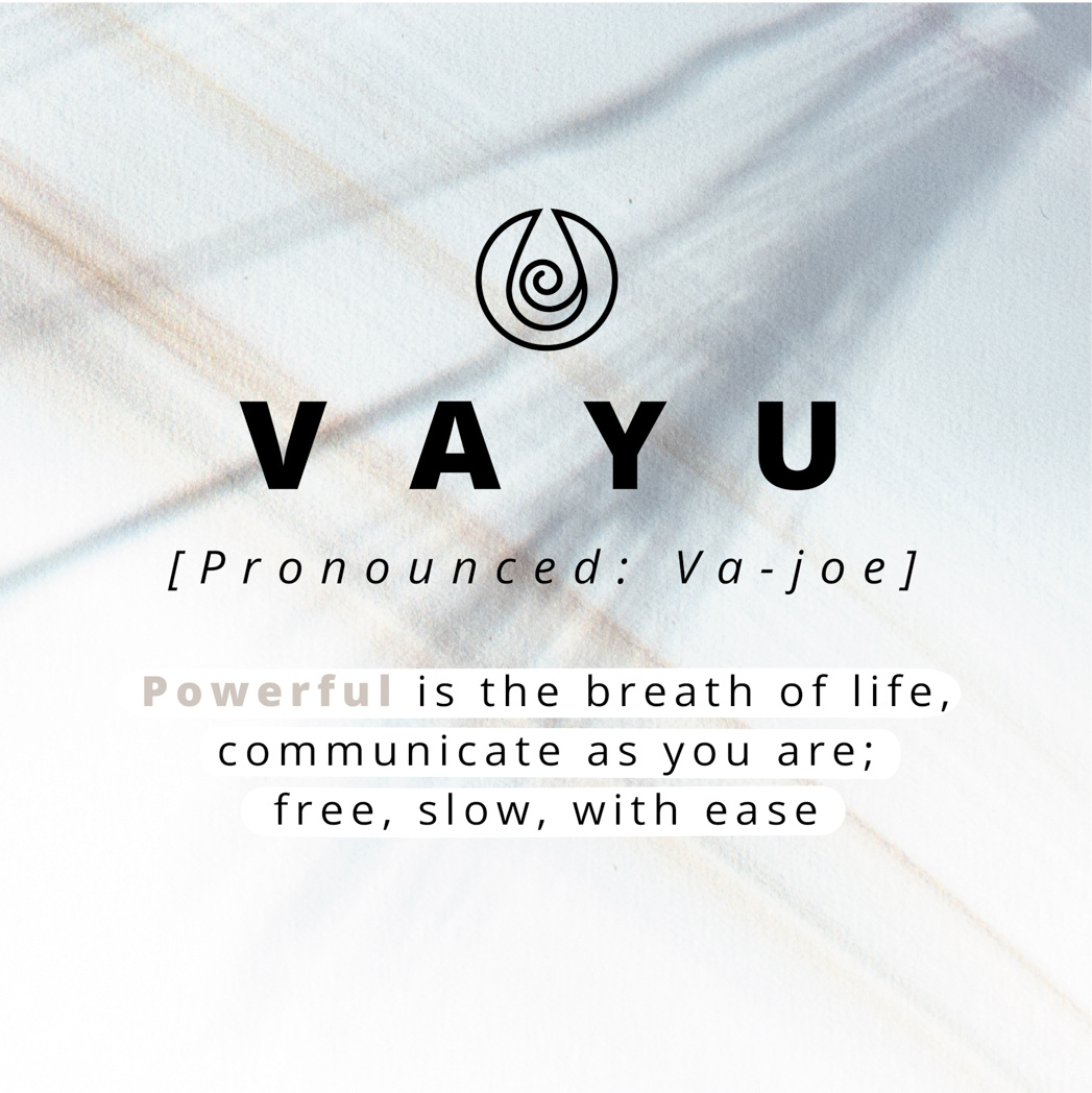 Le mot VAYU, avec un logo et du texte décrivant sa signification et sa prononciation.