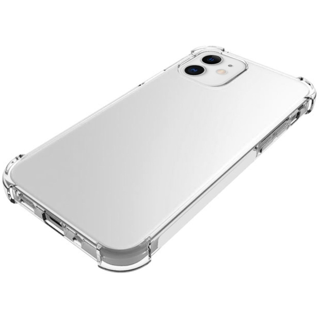 Custodia trasparente per iPhone. Il telefono è visibile all'interno. Fotocamera e pulsanti sono visibili. Chiara e trasparente.