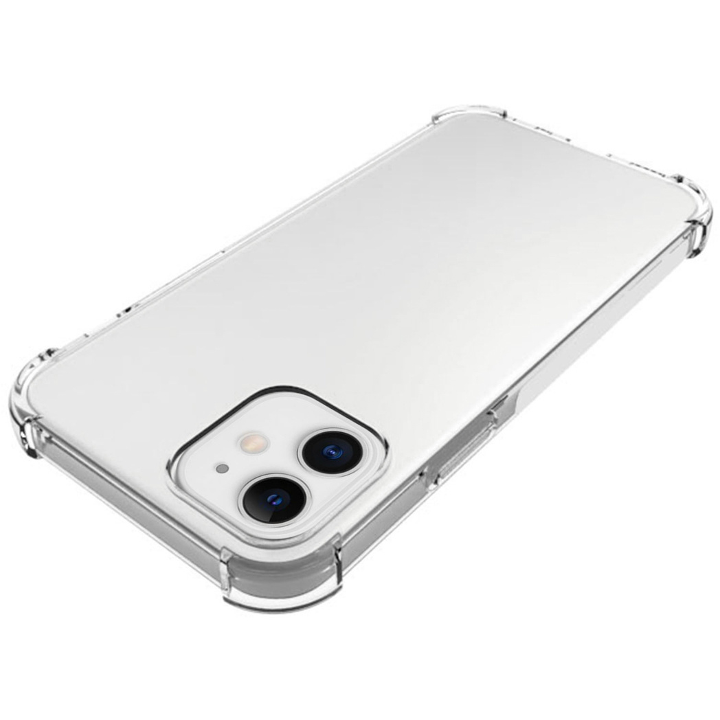 Una custodia trasparente con un telefono all'interno. Il telefono ha una doppia fotocamera.