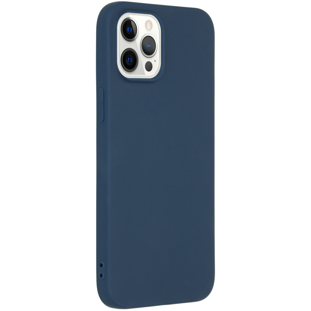 Un étui iPhone bleu foncé avec trois objectifs d'appareil photo et un bouton latéral.