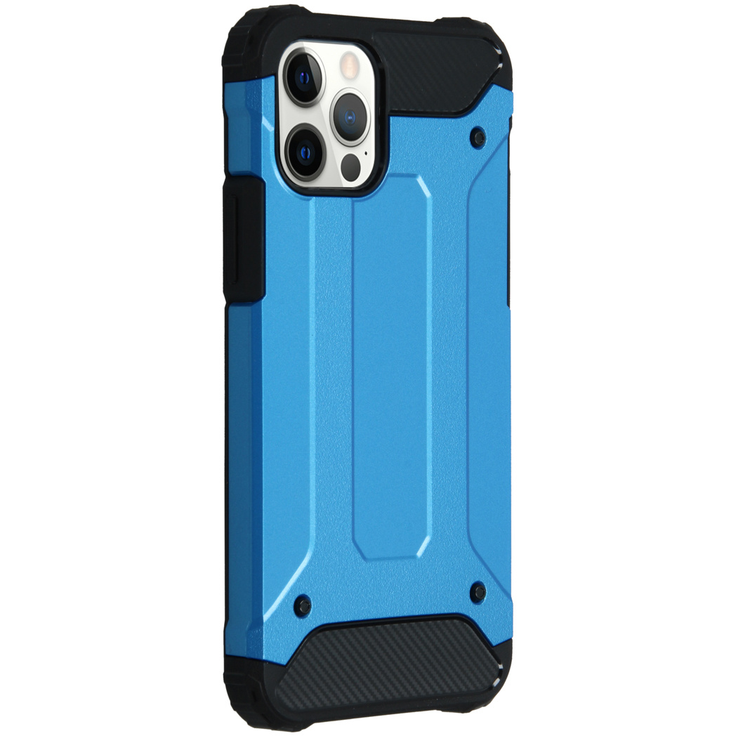 Een blauwe telefoonhoes met zwarte accenten.