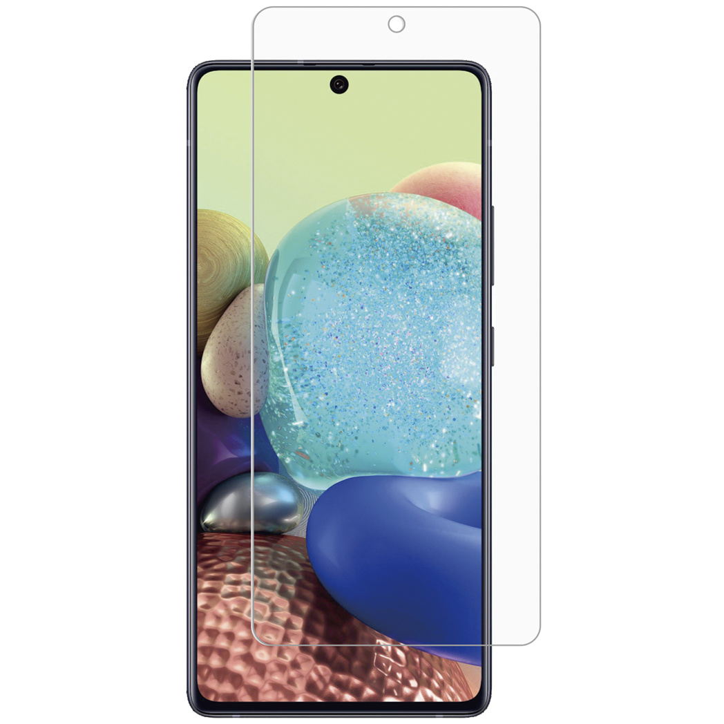 Un téléphone avec protecteur d'écran. Le téléphone est de couleur bleue et dorée.