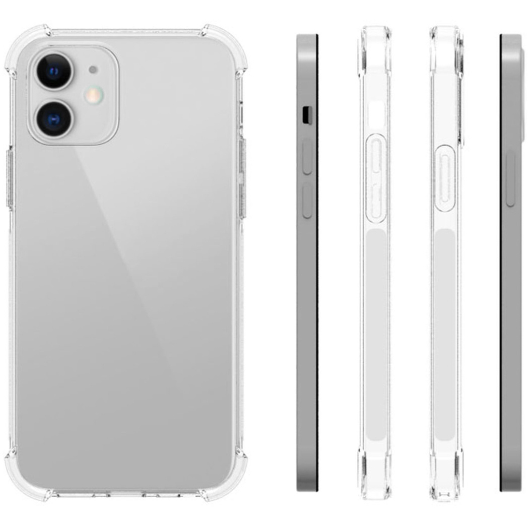 Transparante telefoonhoes met een telefoon erin. Meerdere hoeken van de hoes worden getoond.