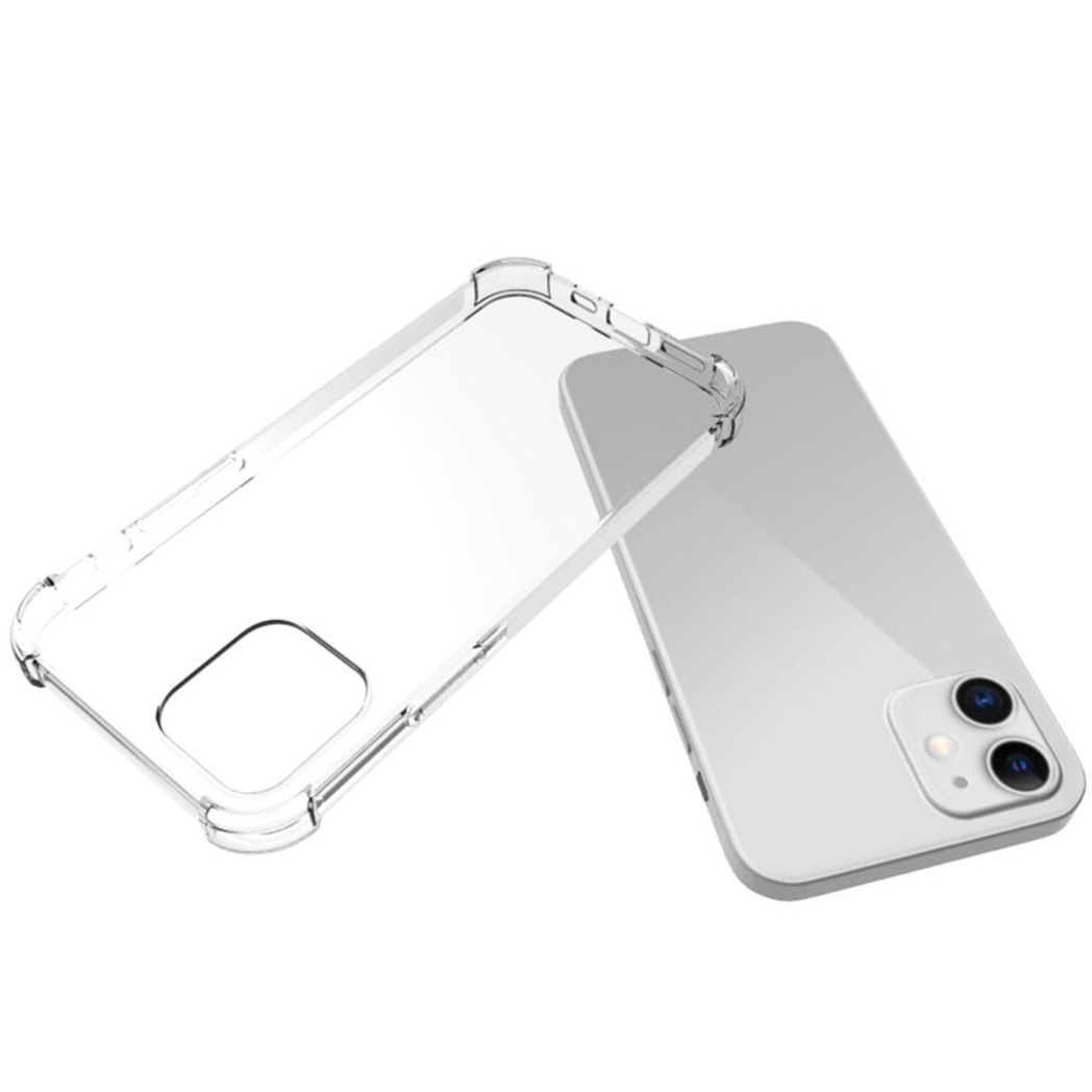 Een doorzichtige telefoonhoes naast een zilveren telefoon, tegen een witte achtergrond.