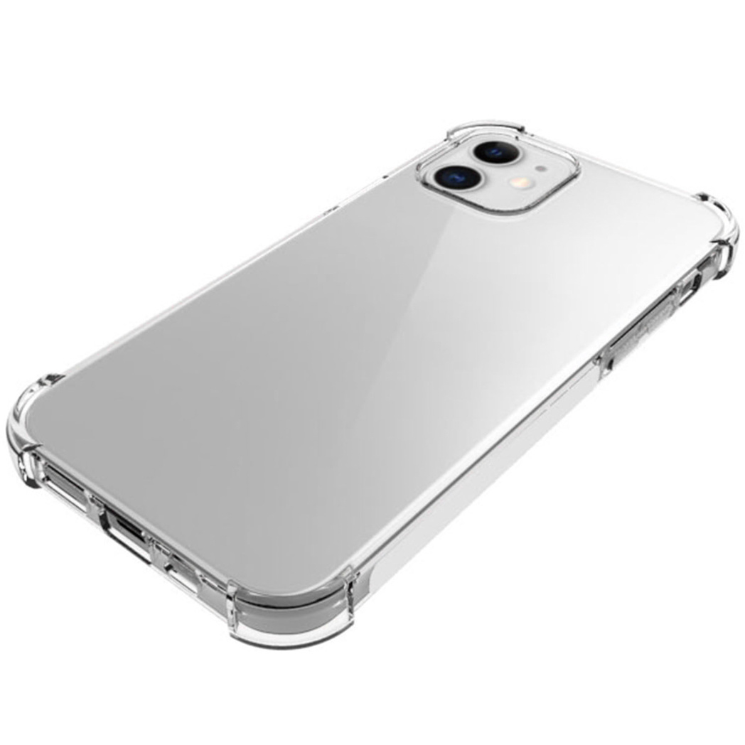 Een doorzichtige telefoonhoes op een witte achtergrond. De hoes heeft een helder, reflecterend oppervlak.