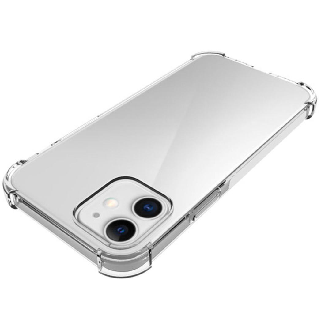 Een transparante telefoonhoes met een telefoon erin. De hoes heeft beschermende hoeken en een doorzichtige achterkant.