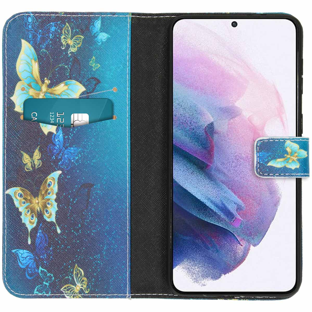 Étui de téléphone avec un motif de papillon. Le téléphone est à l'intérieur, avec une carte de crédit.