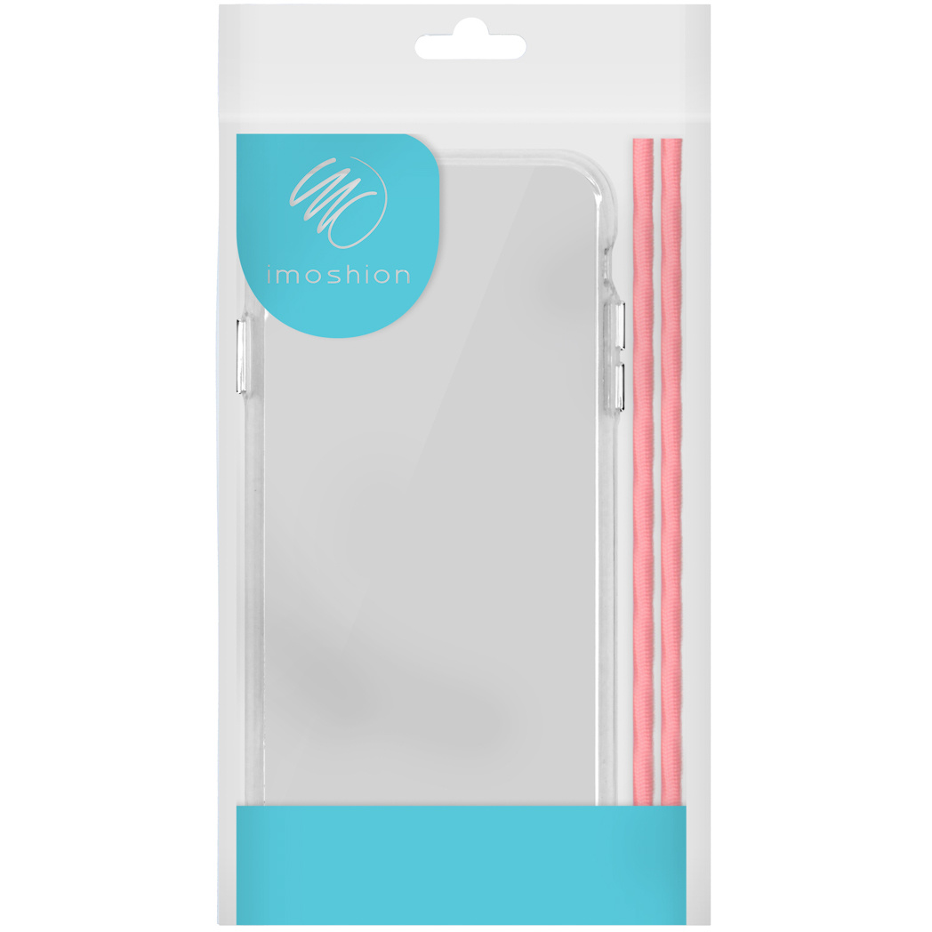 Een doorzichtige telefoonhoes met een roze bandje. De hoes zit in een wit en blauw pakket.