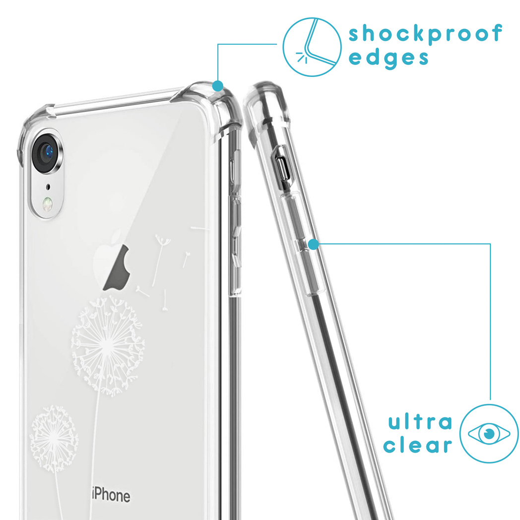Twee telefoons met doorzichtige hoesjes, één met paardenbloemontwerp, de andere is een telefoon.