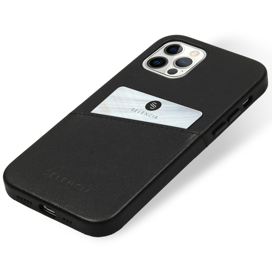 Étui de téléphone noir avec fente pour carte, carte blanche et logo SELENCIA.