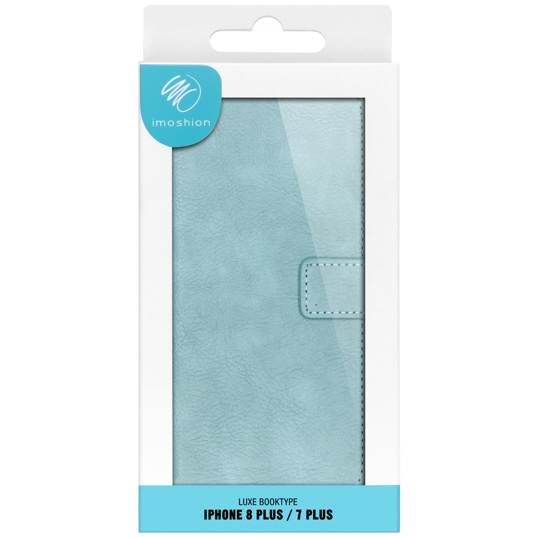 Un étui de téléphone bleu dans une boîte blanche, pour iPhone 8 Plus/7 Plus, avec une couverture avant.