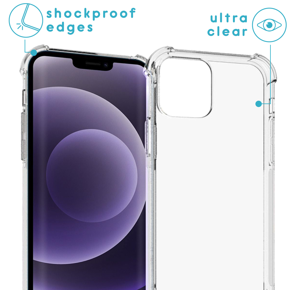 Een telefoon in een doorzichtige hoes, met schokbestendige randen.