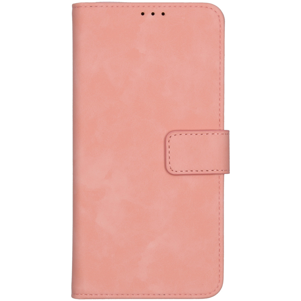 Étui de téléphone rose avec fermeture magnétique. Il est fermé et debout.