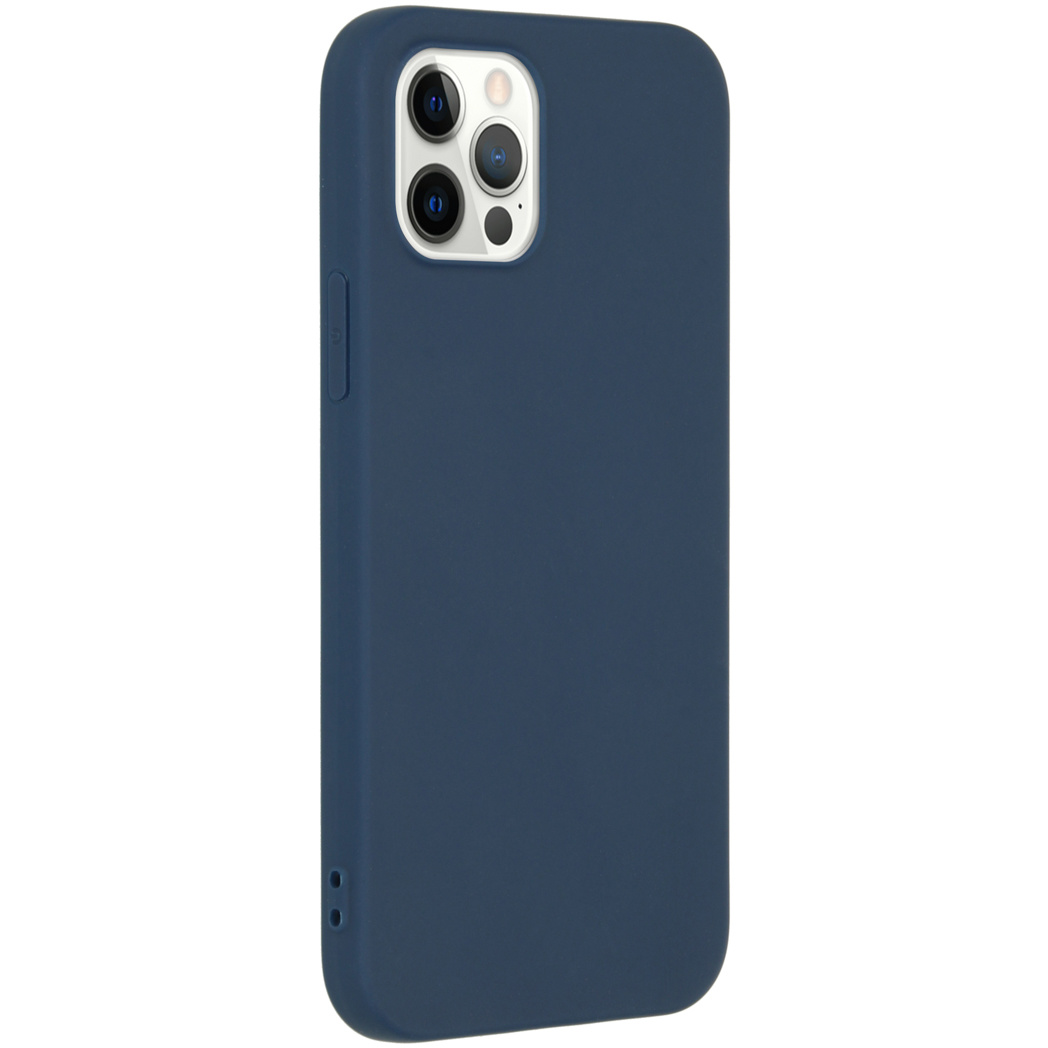 Un étui de téléphone bleu foncé, avec des découpes pour la caméra. L'étui est sur une surface claire.