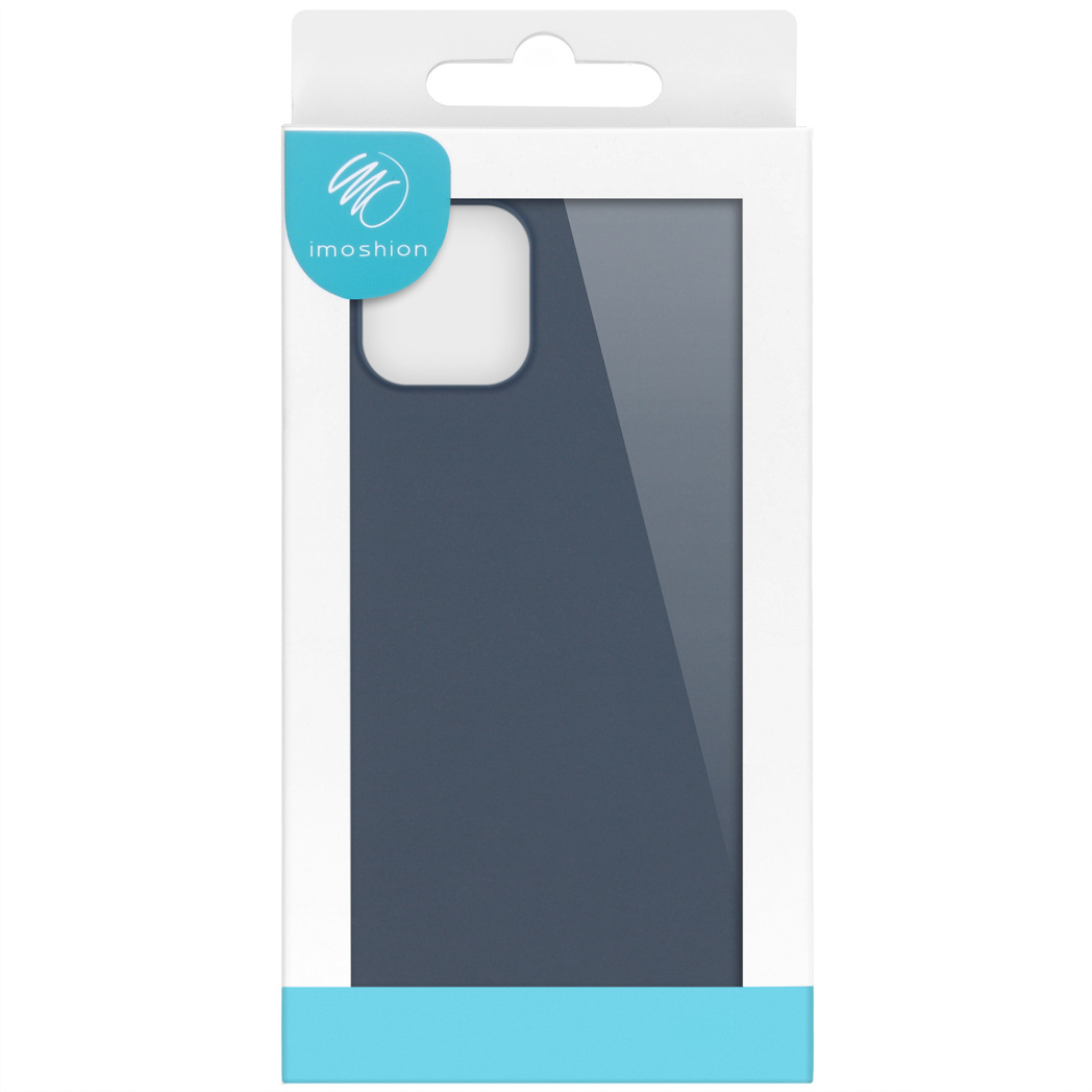 Coque de téléphone dans une boîte. La coque est bleu foncé et la boîte est blanche.