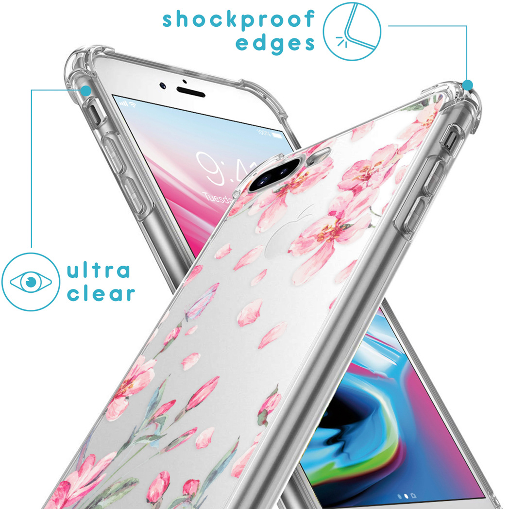 Coque de téléphone avec motif floral rose. Le téléphone est dans l'étui. Texte : Ultra clair, bords antichoc.