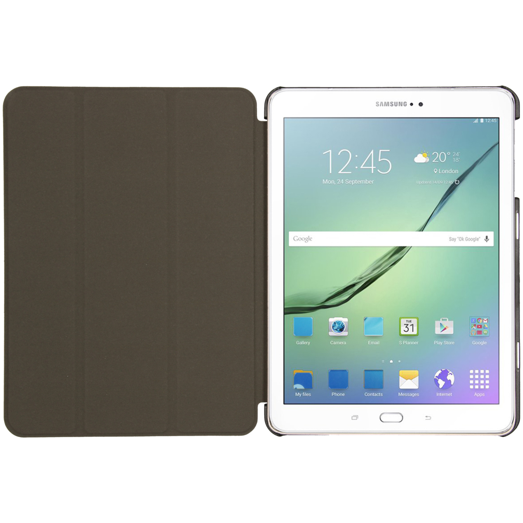 Een Samsung tablet met een hoes. Het scherm toont de tijd, datum en app-pictogrammen.