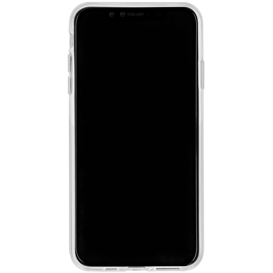 A phone with a clear case on it. The screen is black.