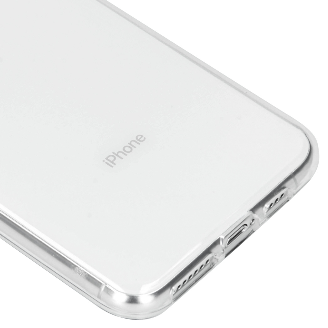 Clear phone case on a white background. The case is transparent, showing the phone inside.