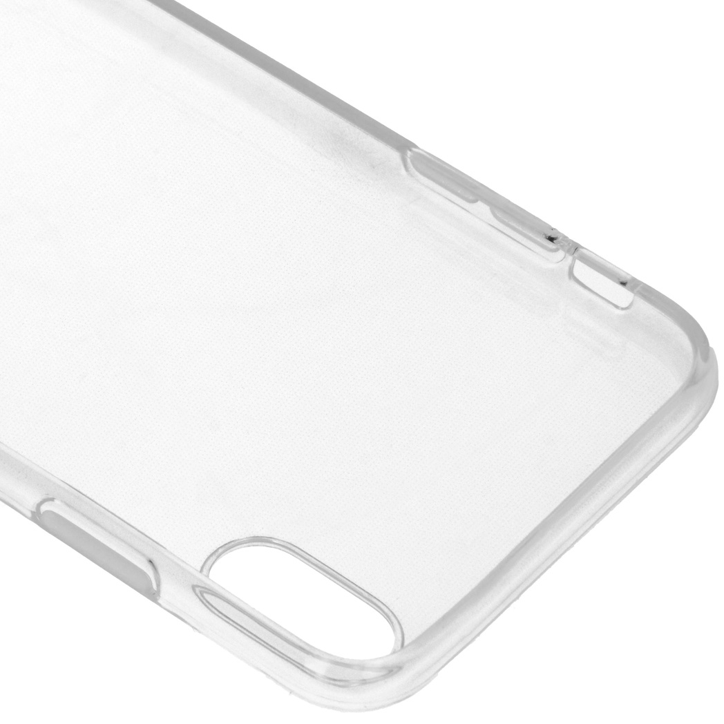 Clear phone case, transparent, with cutouts for the camera and other phone features.
