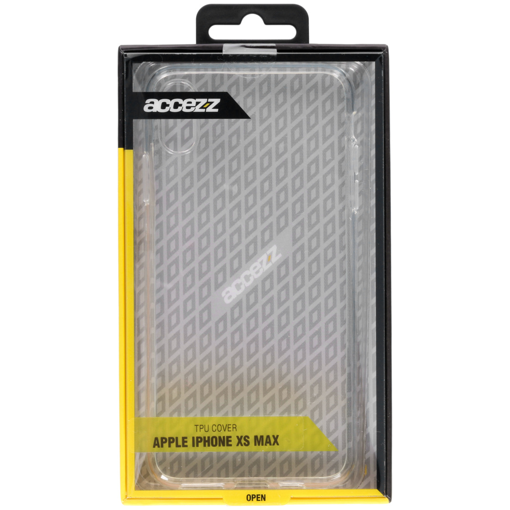 A clear phone case in a box. The case has a grid pattern and the brand name accezz is visible.