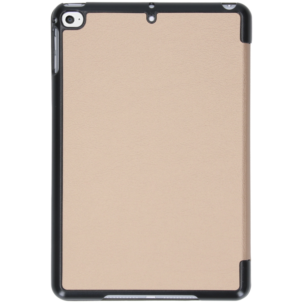 Tan tablet case with black frame. A camera lens is visible.