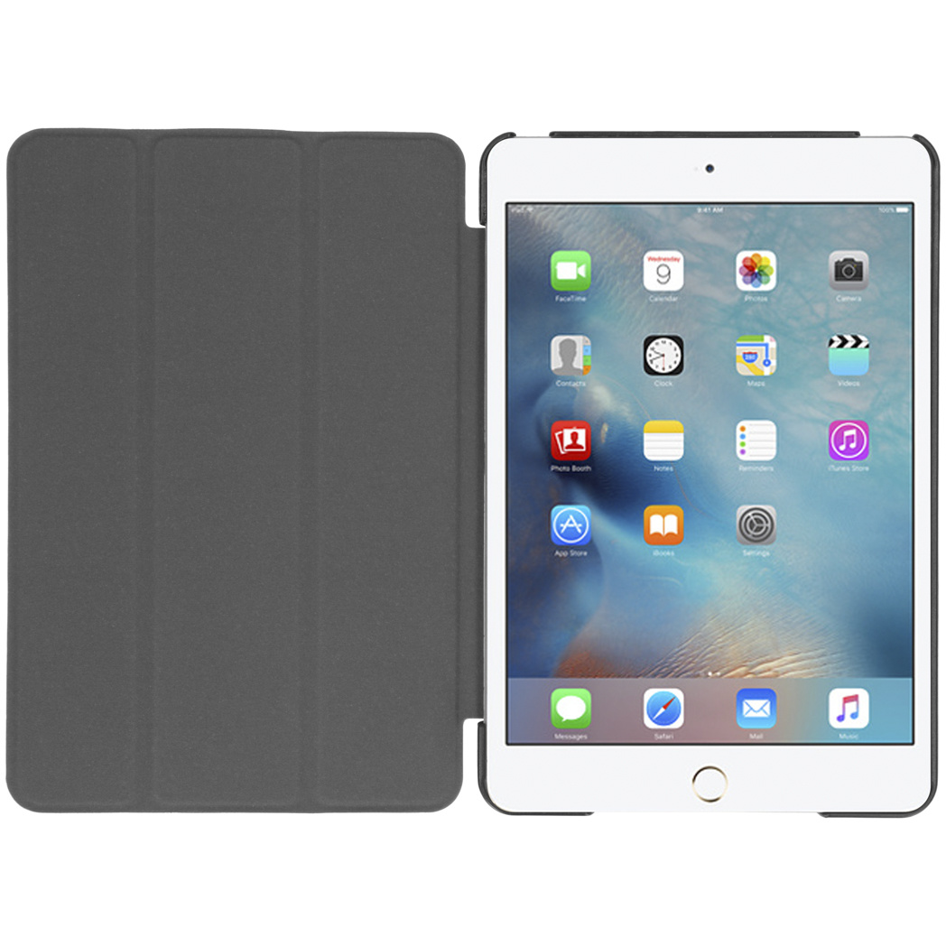 An open iPad case with an iPad inside. The case is gray and the iPad screen is on.