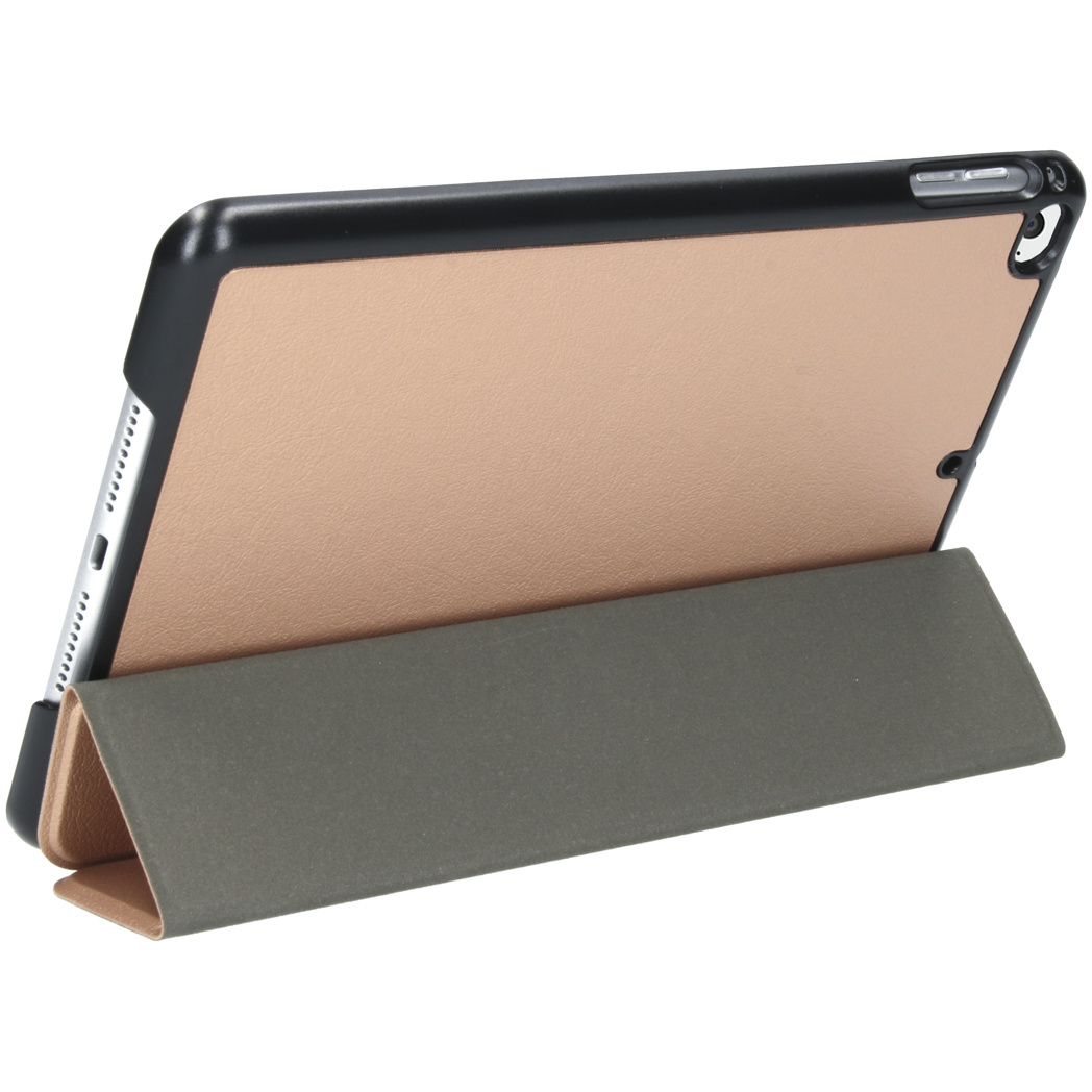 Tablet case with a gold-colored inside. It has a grey stand. The case is open, displaying the tablet.