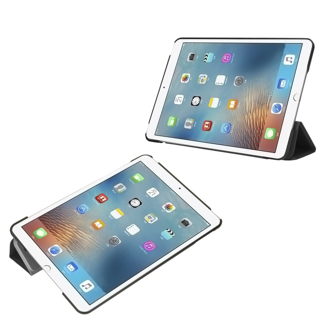 Two iPads in cases, one on a stand. White background. Different angles. Apple logo visible.