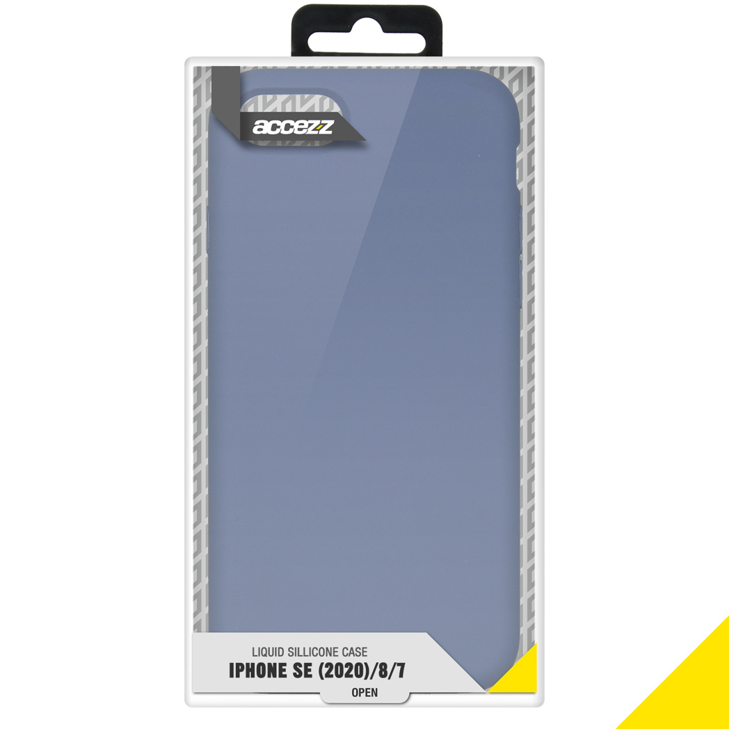 Een blauwe telefoonhoesverpakking met een geel label en een witte achtergrond.