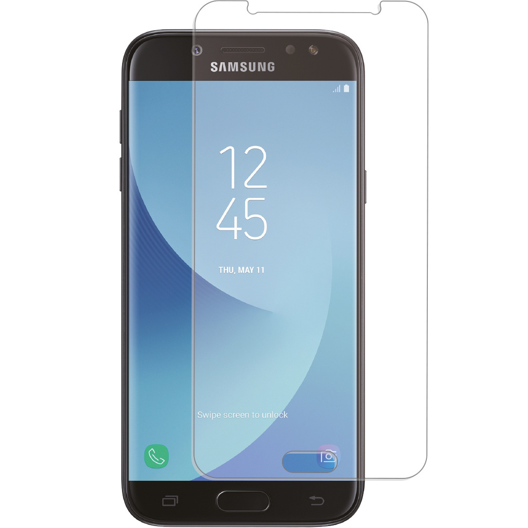 Smartphone with screen protector applied. The phone displays the time. White background.