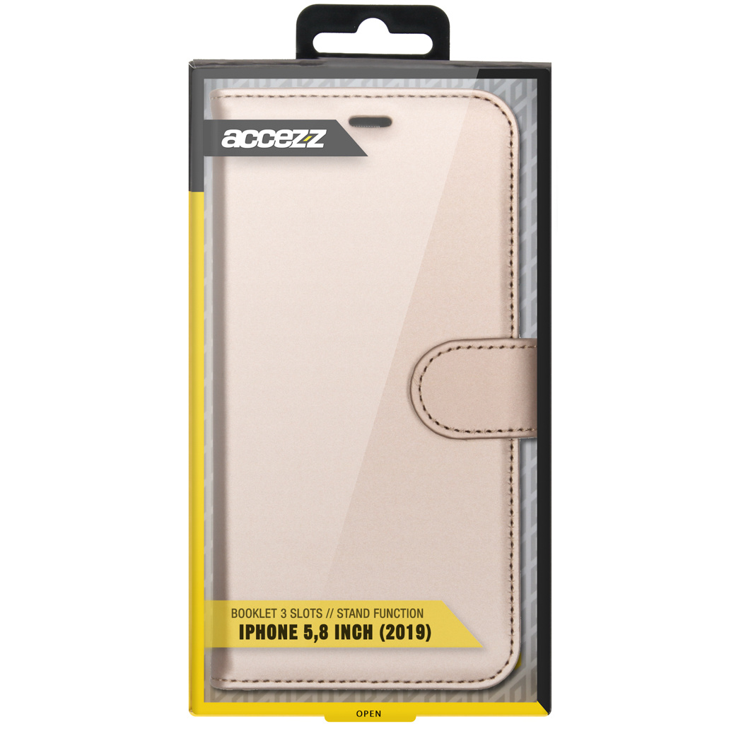 Custodia per telefono in scatola. Custodia beige, scatola nera. Dice, "iPhone 5,8 pollici (2019)."