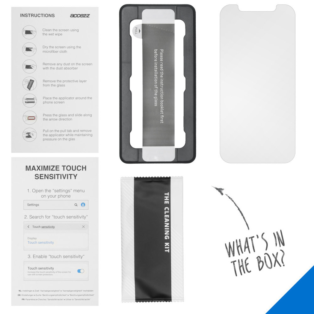 Instructions et kit de nettoyage pour un protecteur d'écran. Le kit comprend une lingette et un chiffon.