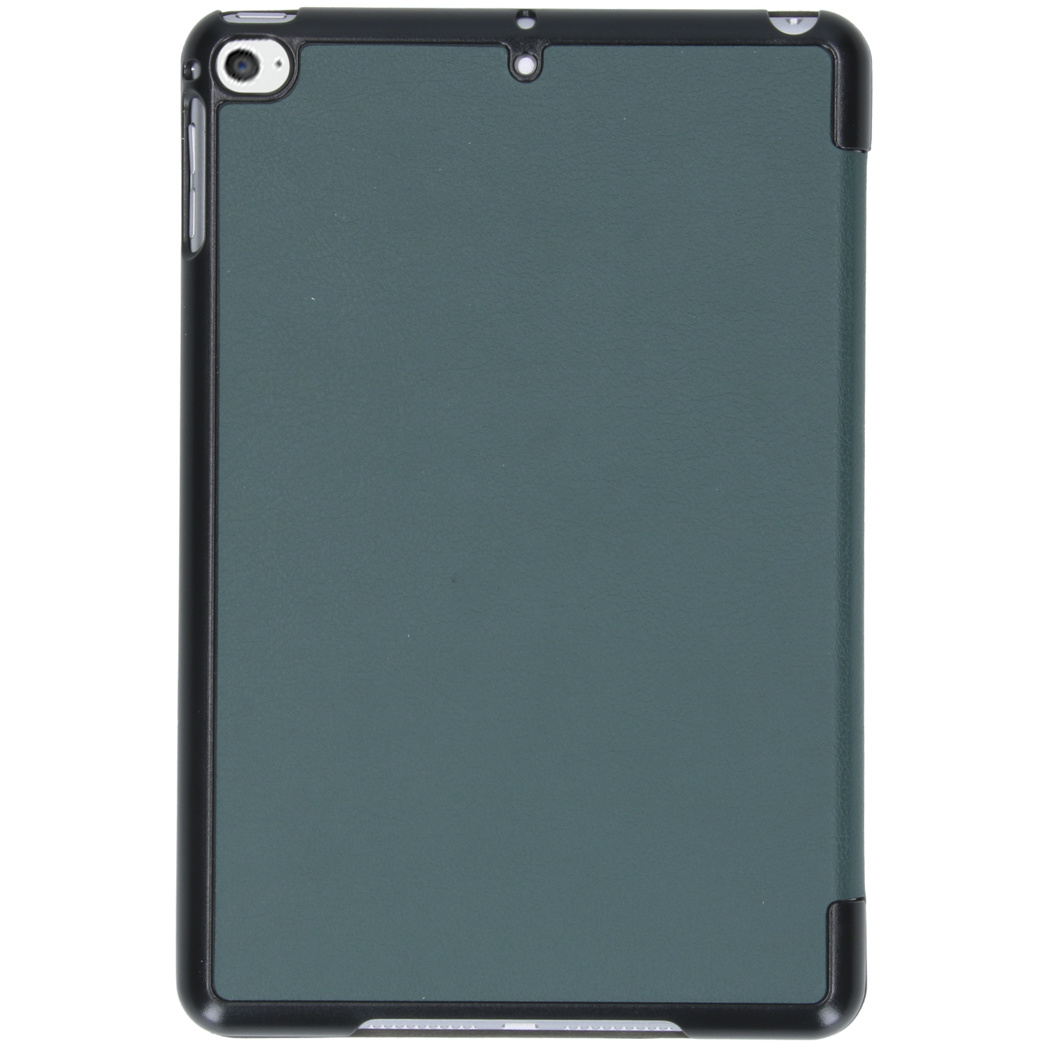 Dark teal tablet case. It's closed, with a black frame and a camera hole in the corner.