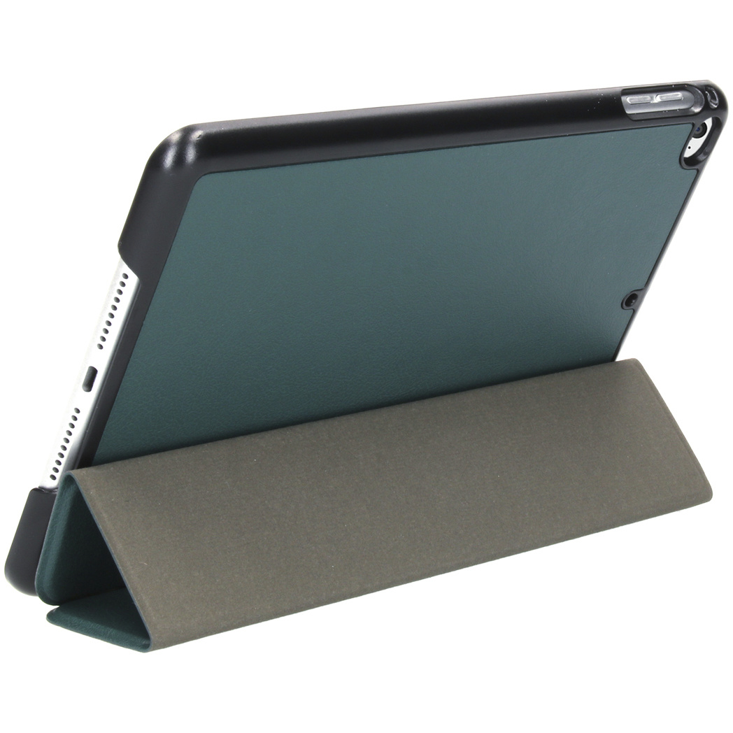 An iPad case is shown. The case is open, and the screen is angled up, revealing the device.
