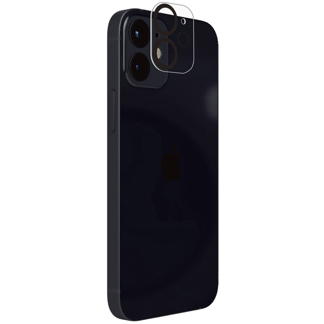 Een zwarte iPhone met een heldere lensbeschermer op de achterkant, die de cameralenzen toont.