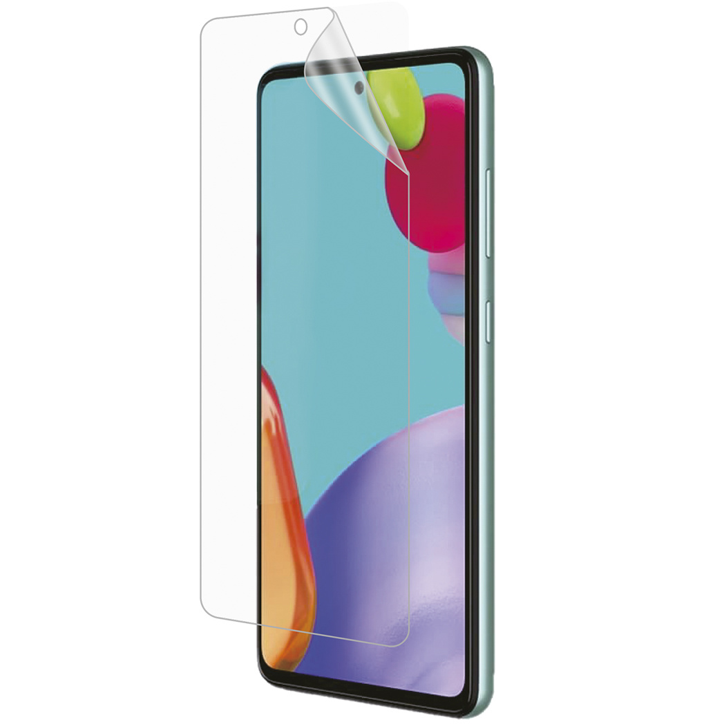 Un smartphone avec un protecteur d'écran, partiellement décollé. Le téléphone est vert. Fond blanc.