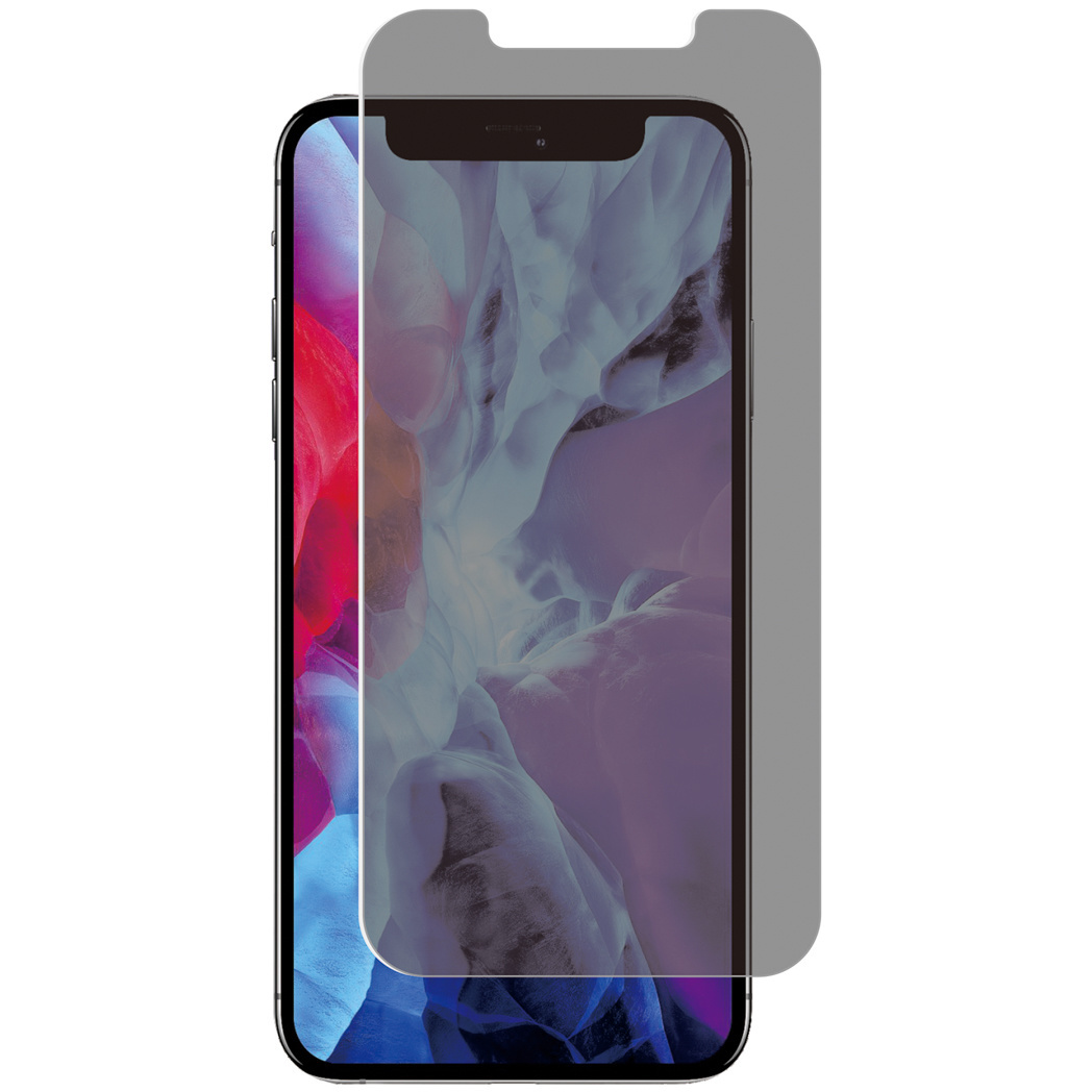 Téléphone avec protecteur d'écran de confidentialité. L'écran affiche un arrière-plan flou et coloré.