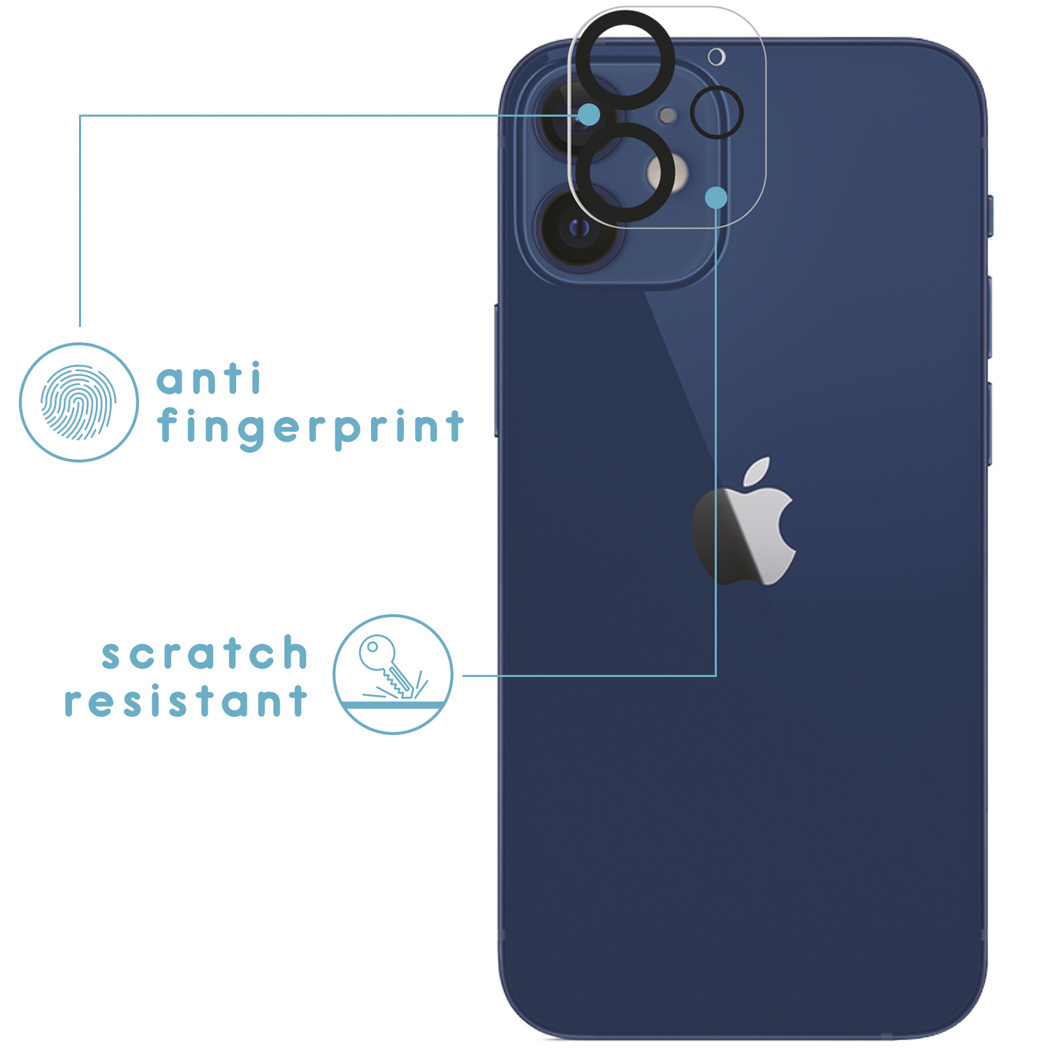 Dos d'un iPhone bleu avec protecteur d'écran appliqué. Montre les étiquettes anti-traces de doigts et résistance aux rayures.