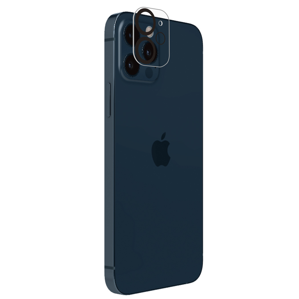 Téléphone bleu avec protection de caméra à l'arrière. Le logo Apple est visible.
