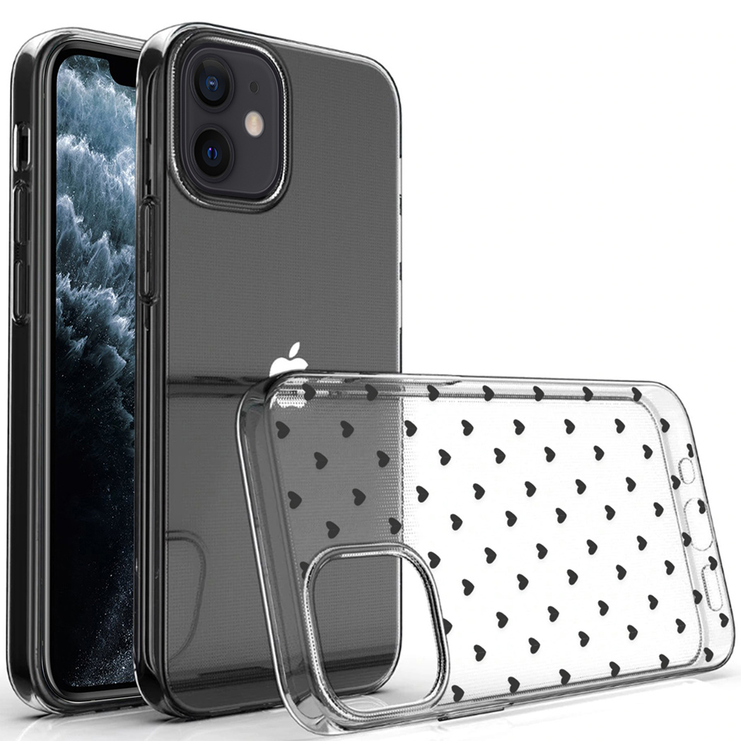 Custodie trasparenti per telefoni con motivi a cuore neri e un telefono all'interno.