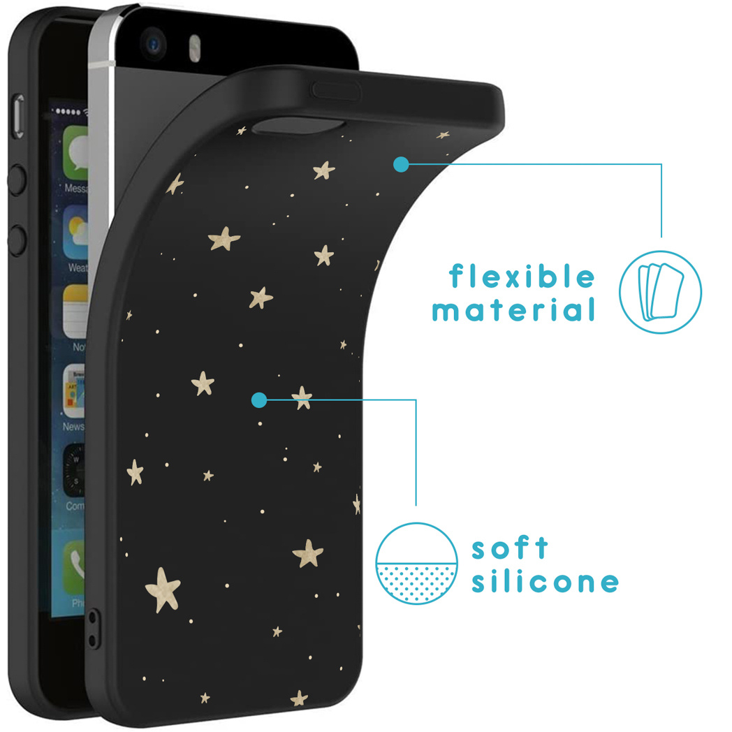 Custodia per telefono con design a stelle. Testo: 'materiale flessibile' e 'silicone morbido'.