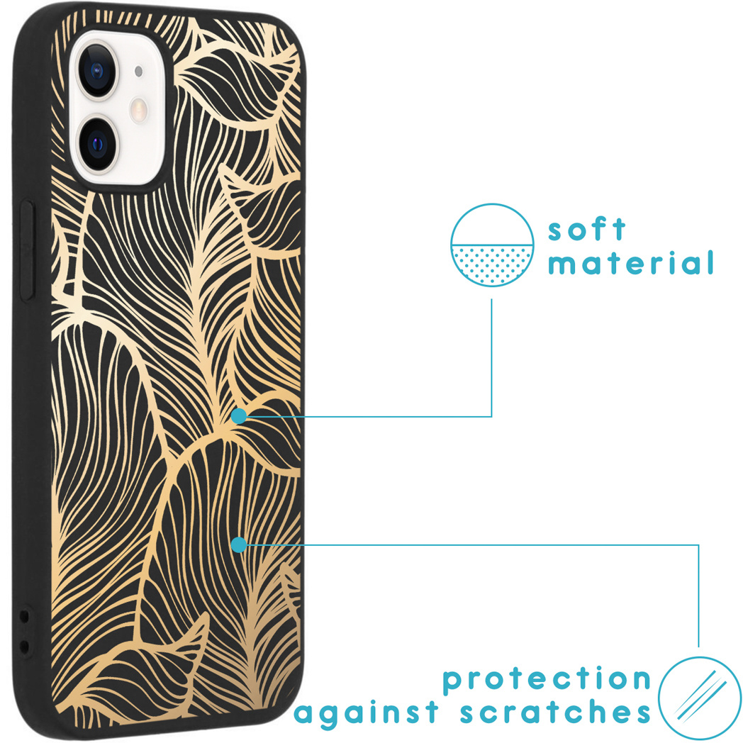 Custodia per telefono nera con un design a foglie d'oro. Ha materiale morbido e protezione dai graffi.