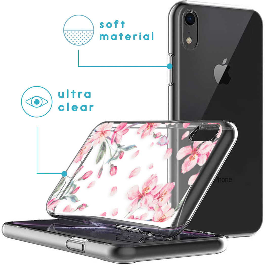 Un téléphone avec un étui floral et un autre téléphone derrière.