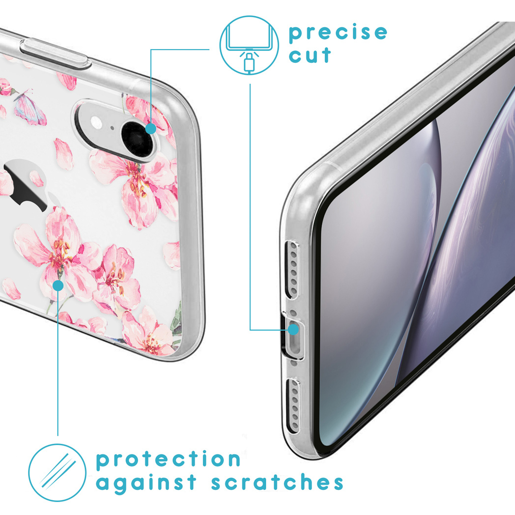 Détail d'étui de téléphone avec motif floral. Coupe précise et protection contre les rayures. Fleurs roses et papillons.