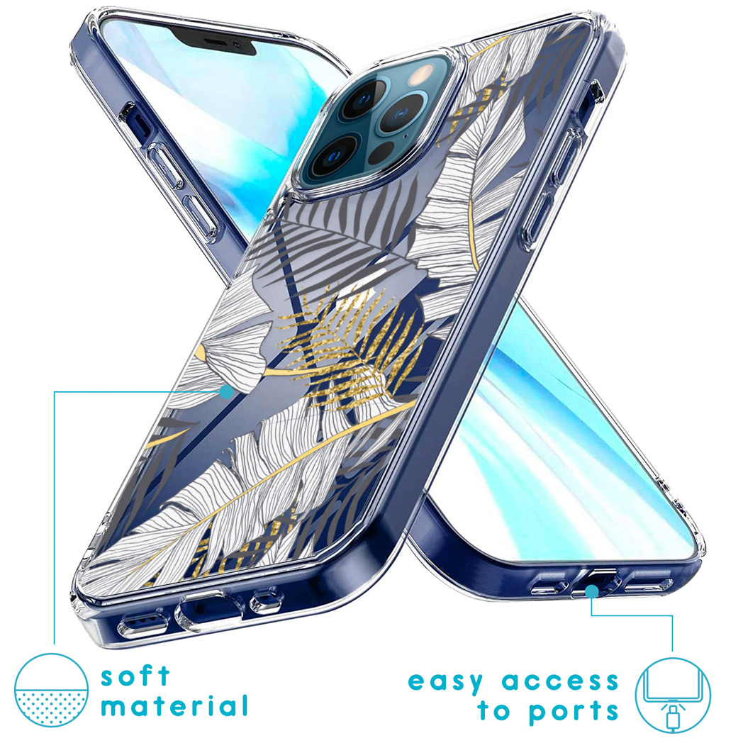 Un étui de téléphone transparent avec un motif de feuilles blanches, dorées et bleues. Accès facile aux ports.
