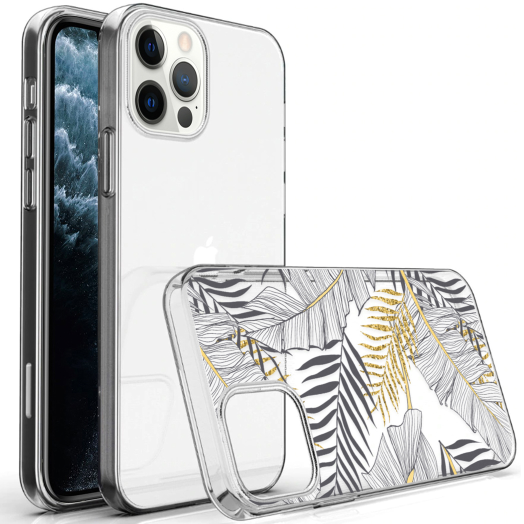 Un téléphone et une coque de téléphone avec un dos transparent. L'étui a un motif floral blanc.