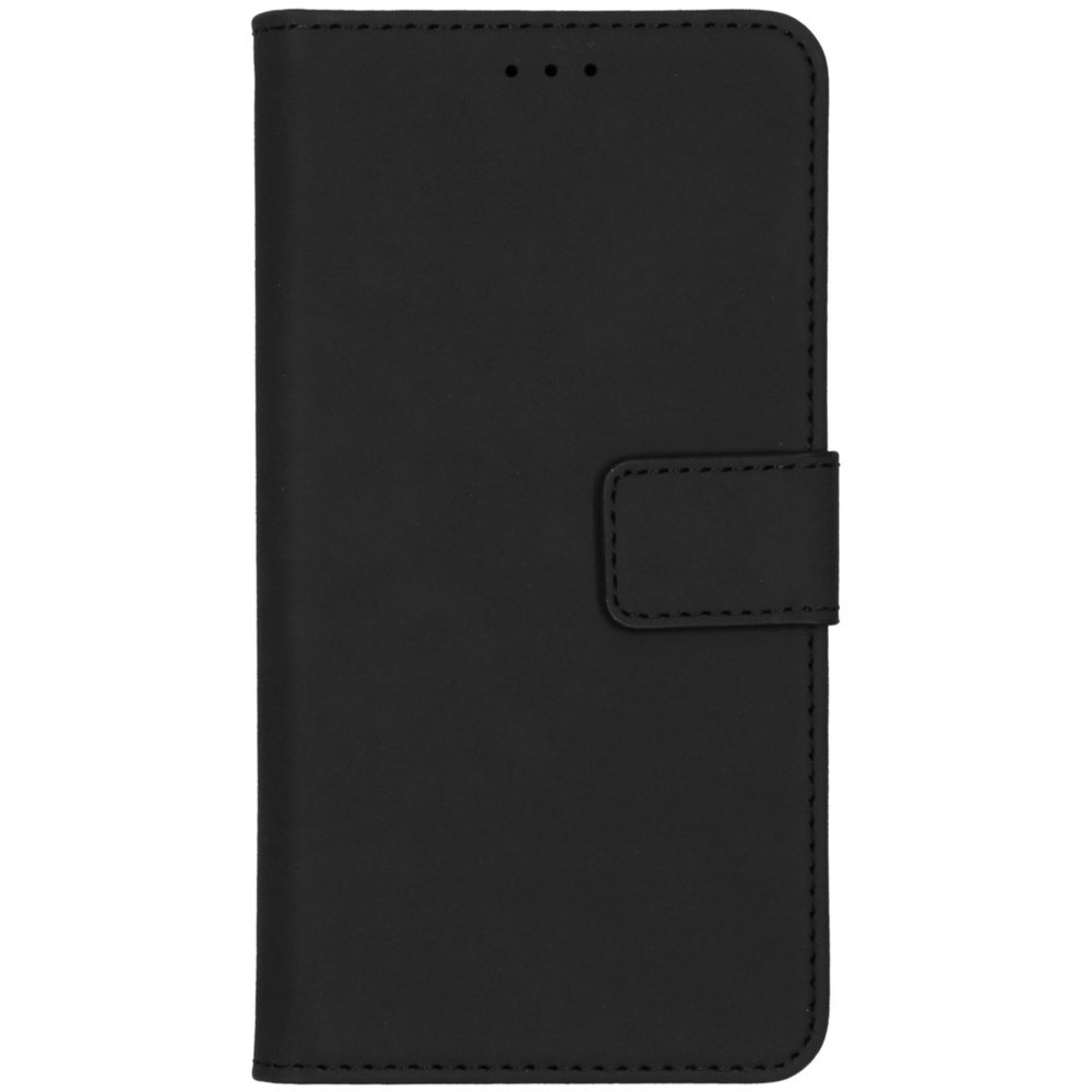Étui de téléphone noir, fermé, avec fermeture à lanière. L'étui a une surface lisse.